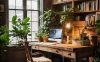 vintage workspace with indoor plants