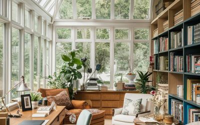 luxurious sunroom workspace with home library