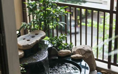 small japanese balcony pond with waterfall