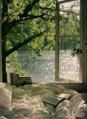 fresh and cozy reading nook with lake view