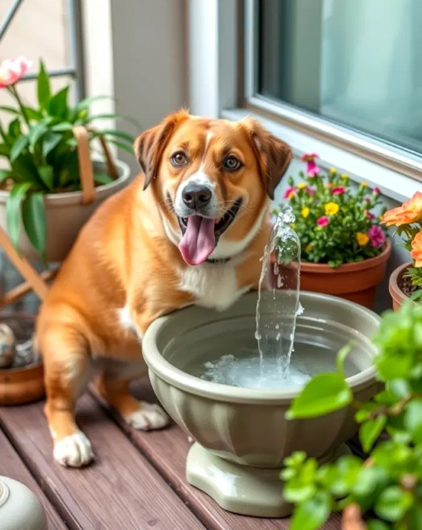 dog balcony play with water fountain dog balcony play with water fountain