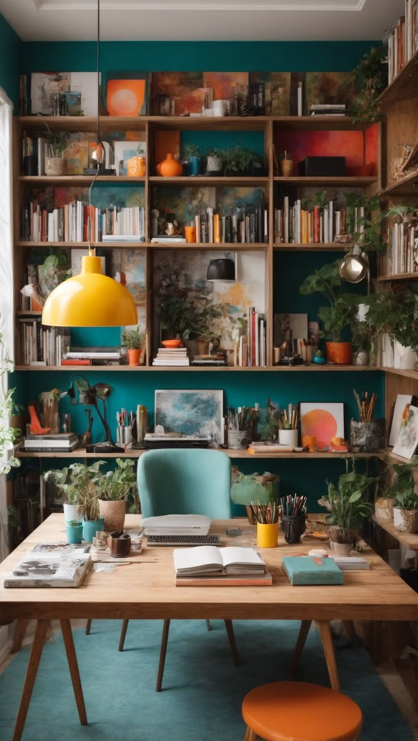 eclectic art home office with library wall eclectic art home office with library wall