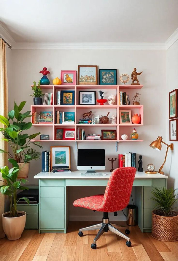 small home office with eclectic colorful shelves small home office with eclectic colorful shelves