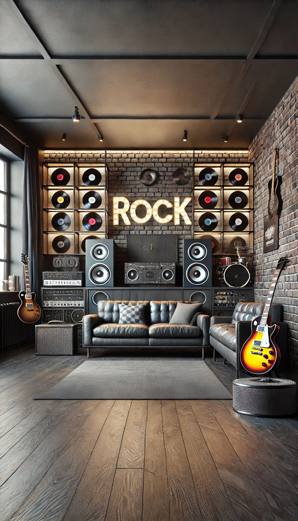 men living room with music rock decor men living room with music rock decor