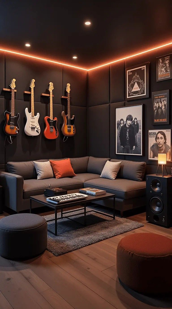 modern men living room with guitar wall hanging modern men living room with guitar wall hanging